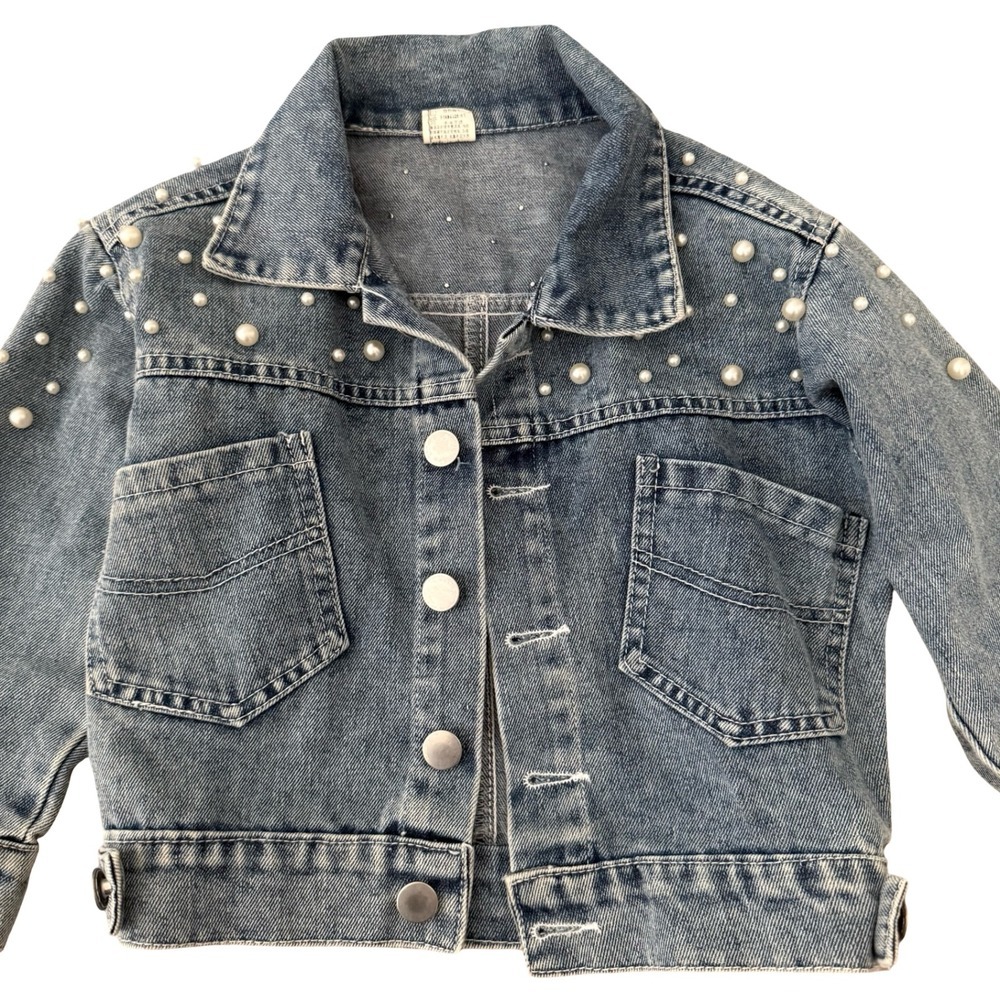 Denim Jacket Blue Pearl Star Embellished Kids Size 100 - Picture 2 of 7